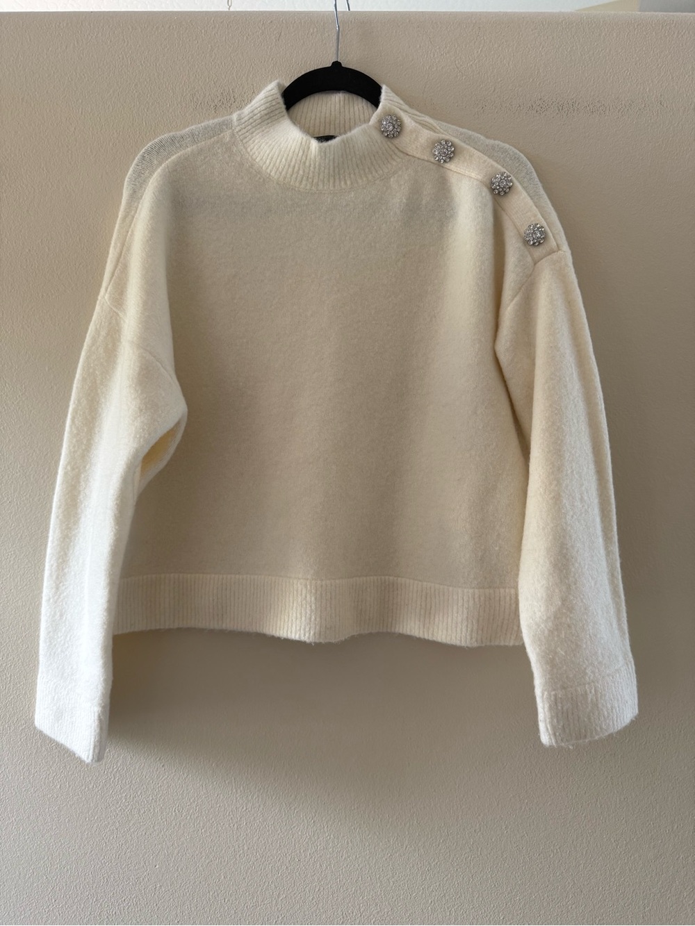 Ann Taylor Ivory Mock Neck Crop Sweater with Decorative Shoulder Buttons